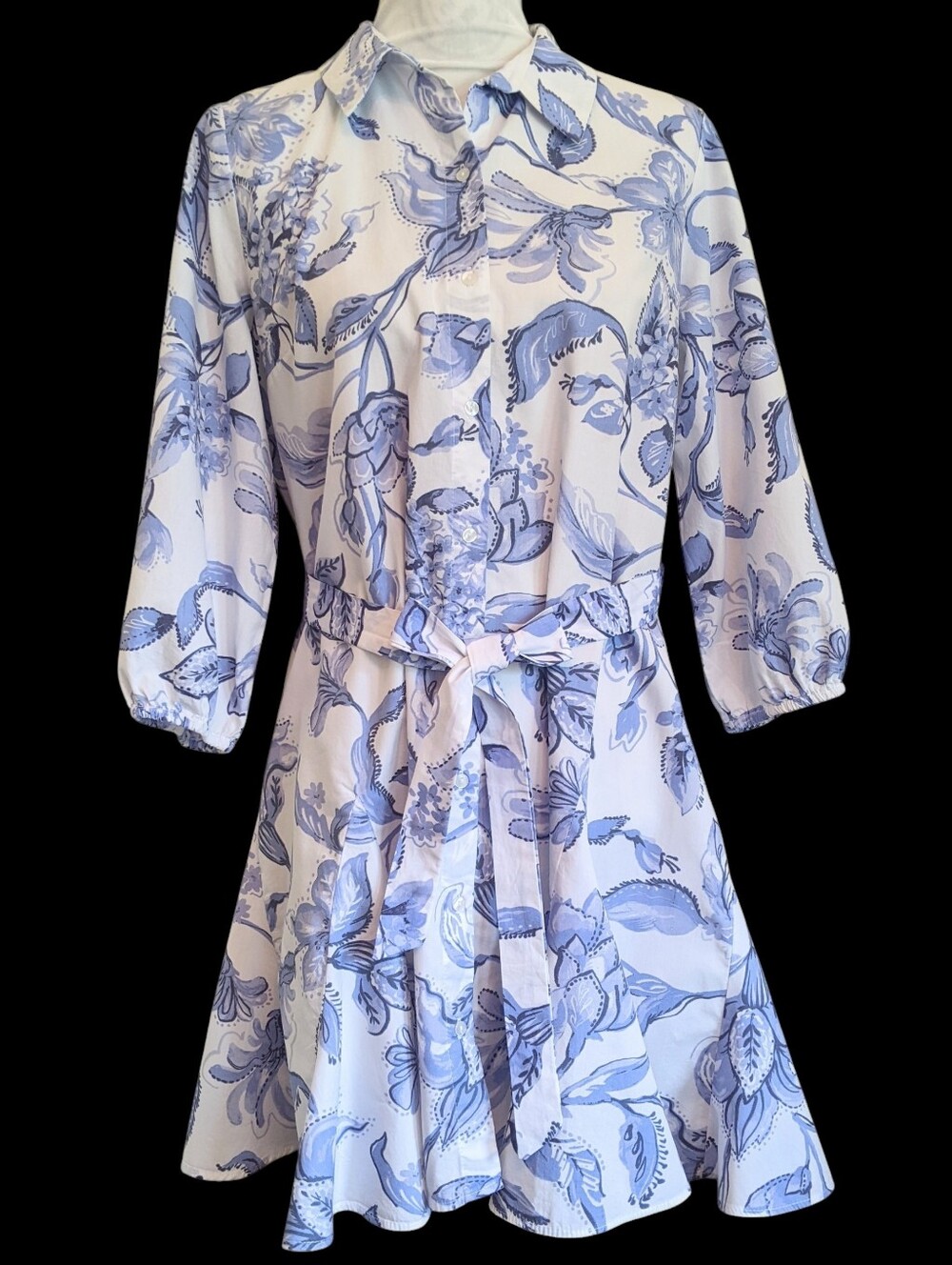 Cynthia Steffe Shirt Dress Classic Blue Chintz Print Gored Skirt Optional Belt